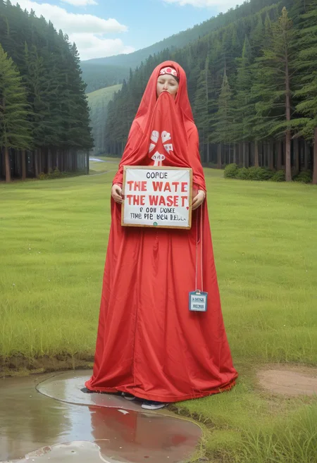 lake sign with the text" Croeso y llyn gellynoth. Oes yn y cont" billboard waste and <lora:text:0.8>, picturesque lake surrounded by a forest but is in a polluted dystopian landscape, in the foreground there is , human fecal matter on the floor in small piles, puddle of human waste with text "wow" <lora:text:.8>, fecal waste written in it, <lora:falloutlandsdxl:0.8>, mushroom cloud in background