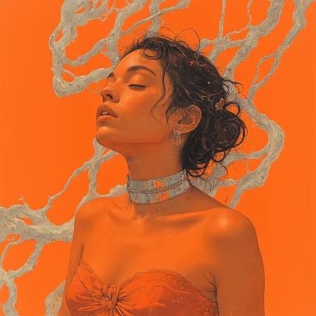 This digital illustration showcases a striking portrait of a woman with an orange skin tone set against a vibrant orange background (background:1.3), creating bold contrasts (contrast:1.4). The woman is depicted in profile, her head tilted back (pose:1.2), eyes closed, and lips slightly parted (expression:1.3), exuding calm and confidence (confidence:1.3). Her hair, rendered in chrome silver (hair:1.5), features a sparkling, mirror-like sheen (sheen:1.5) that reflects light dynamically, harmonizing with her accessories (harmony:1.4). A wide chrome silver choker (choker:1.5), polished to a mirror-like finish, encircles her neck, drawing attention to her slender neck and shoulders (focus:1.3). She wears small chrome hoop earrings (earrings:1.4) and a smooth, light-reflecting chrome chain (chain:1.5) that swirls gracefully from her neck into the background, adding a sense of movement and energy (movement:1.5). The reflective, polished texture of the chrome ornaments stands out brilliantly against her orange skin tone (contrast:1.4). She is dressed in a strapless, deep orange gown (dress:1.3) with a fitted bodice and flowing skirt (attire:1.3), blending harmoniously with the orange background (harmony:1.4). This modern, minimalist illustration (style:1.4) emphasizes clean lines (lines:1.4), vibrant contrasts (contrast:1.5), and dynamic visual energy (energy:1.5), resulting in a composition that is both captivating and elegant.