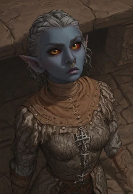 safe_pos, solo, short pointy ears, piercings, random elf face, aquiline features, female dark elf, brow rings, nose rings, beaded piercings, weathered skin, large nose, insect chitin armor, insect chitin helmet, insect chitin ornaments, stylized insect pattern, athletic build, animated realism, zoomed out, Syrian features, torso, brass pipes and gears, intricate architecture, dwarven masonry, dwemer fixtures, white-green light, gloomy lighting, ancient ruins, interior, stone tiled floor, grey-blue skin, mahogany and ivory clothes, medium armor, bone plate armor, ivory straps and fittings, alien bone ornaments, grey wood neckguard, red sclera, black pupils, blue-green light, neon, highly detailed, defined features, looking at viewer, three quarters view, from above, dynamic lighting, 19 years old, light and shadows, patterned cloth, annoyed expression, expressive eyes, detailed medieval clothes, medium_breasts, short hair, wavy hair, thick hair, beaded hair, braided hair, under cut hair, semirealistic, alien elf, spanish features, jewish features, white grey hair, dark red hair, umber skin, sharp features, pastel green inuit print cloak, nighttime, high detail, absurdres, pretty eyes, detailed eyes, yellow eyes,