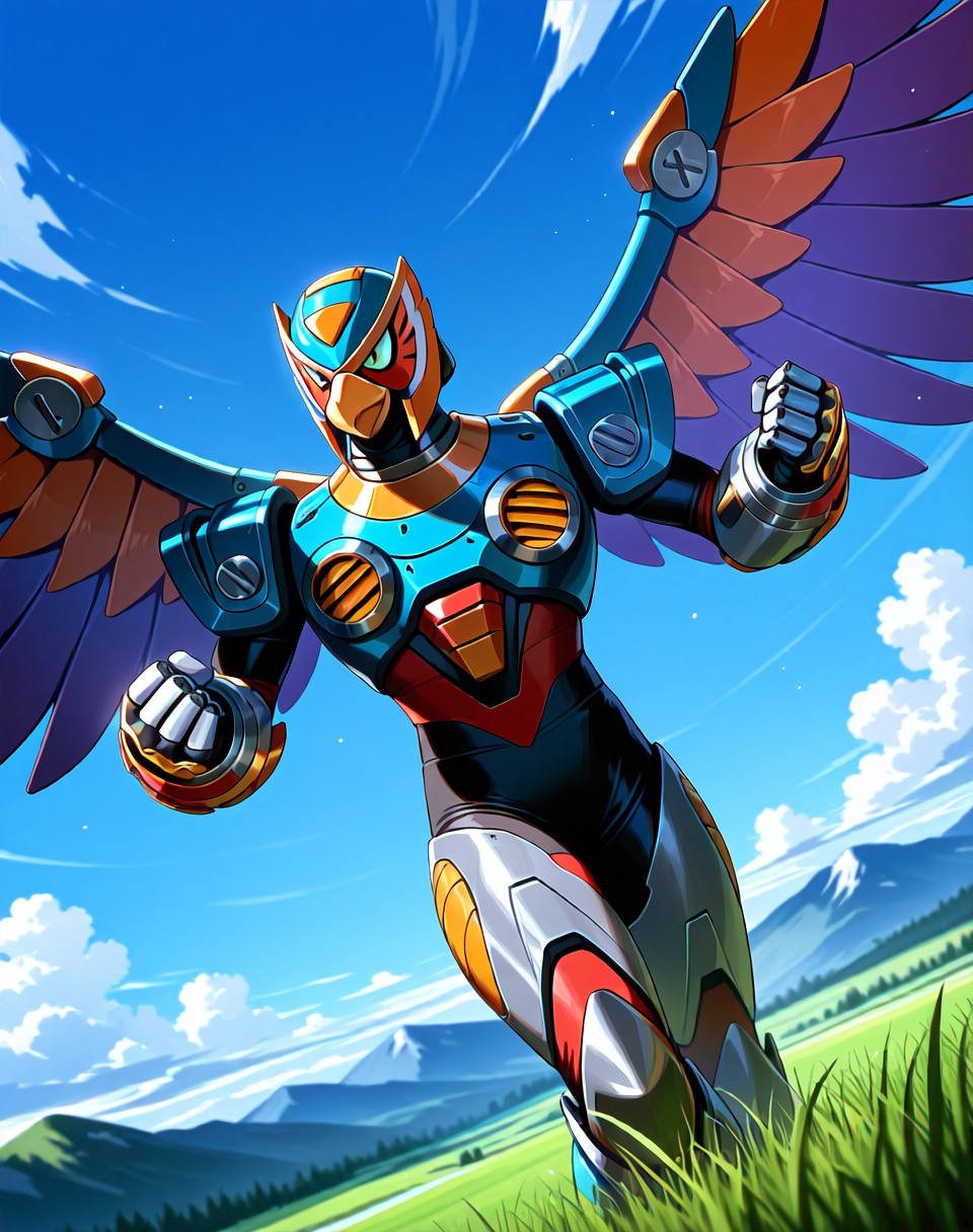 <lora:Storm_Eagle_(Mega_Man_X)_(Illustrious)_(AD):1> Storm Eagle, reploid, MMX, 
((
exterior, blue sky with clouds, mountain valley, grassy valley, 
dutch angle, dynamic action, cowboy shot, perfect depth of field shot, 
):1.5), 
male focus, intense shadows, dynamic shadows, intricate details, attention to details, gradient coloring, robot, beak, bright vivid colors, deep metallic colors, glossy metal body, wings, fighting stance, smug, smile, 
BREAK very awa, masterpiece, best quality, amazing quality, very aesthetic, highres, absurdres, photographic realism, 8K CGI render, 
EZRealPONYXL, zPDXL, Smooth Quality, lazynsfw,