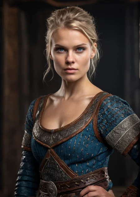 hyperrealistic, glamorous photo, masterpiece, dramatic angle, best quality,
Viking, Astrid from the TV series Vikings, Josefin Asplund, (dark hair, short hair), tousled hair, blue eyes, friendly look, normal breasts,, dirty skin, detailed outfit, warrior pose, detailed background from the Viking TV series, high fashion, luxurious, extravagant, stylish, sensual, opulent, elegance,
professional, high contrast, bright colors, best lighting, intricate details, (high quality texture), (sharp), (artistic image), 8K, detailed, dynamic, depth of field,