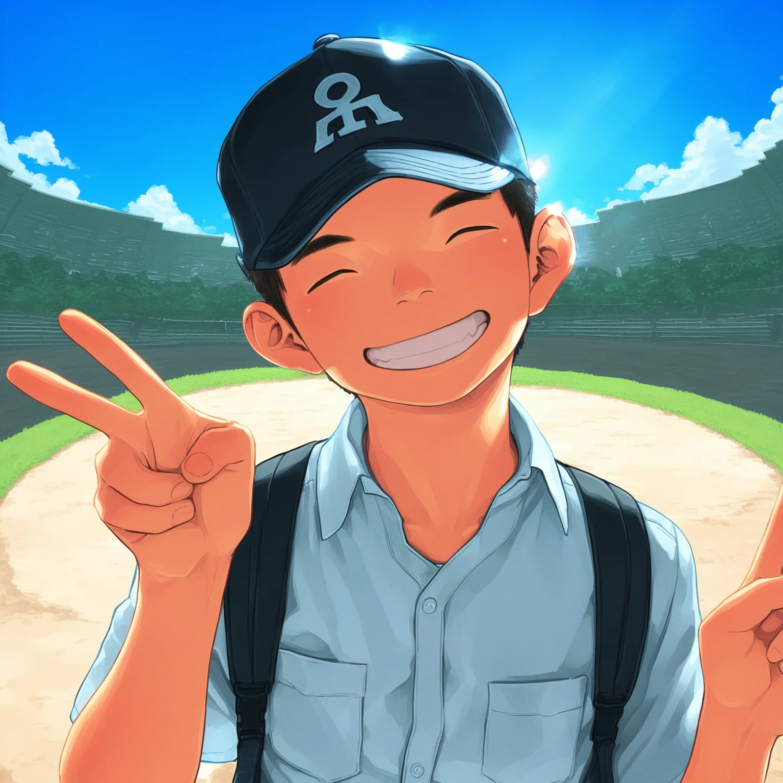 masterpiece, best quality, shounenzoom-style, 2015s, outdoors, sunlight, fisheye, upper body, 1boy, solo, closed eyes, smile, baseball cap, white shirt, backpack, head tilt, peace sign <lora:shounen_zoom-naixl_vpred-v7Nd-ShoAI:1>