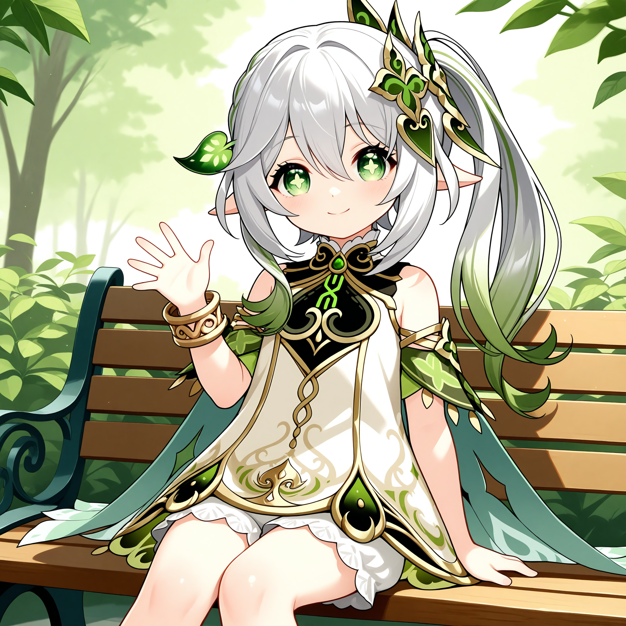 <lora:Nahida_1_nai-000008:1>,Nahida,side ponytail,leaf hair ornament,
official outfit,white bloomers,
1girl,solo,smile,sitting,on bench,waving,looking at viewer,