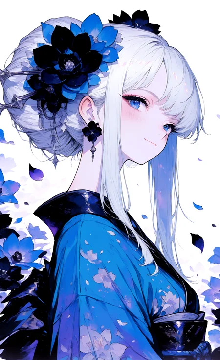 masterpiece, best quality, good quality, very awa, very aesthetic, absurdres, newest, 1girl, solo, long hair, looking at viewer, blush, smile, blue eyes, hair ornament, white background, closed mouth, jewelry, upper body, white hair, grey hair, flower, sidelocks, earrings, japanese clothes, hair flower, kimono, from side, looking to the side, head tilt, sash, petals, floral print, obi, light smile, blue flower, yukata, blue kimono, print kimono, falling petals, black flower, flower earrings, floral print kimono,
Purple theme, dark_fantasy_style, dark fantasy, retro, <lora:ponyv6_noobV1_2_adamW-000017:0.7> <lora:USNR_STYLE_XL_lokr:0.45> <lora:745cmSDXLvpred75S:0.3> <lora:dark_fantasy_anime_illustriousXL:0.4> <lora:wl-illV1-000017:0.85>