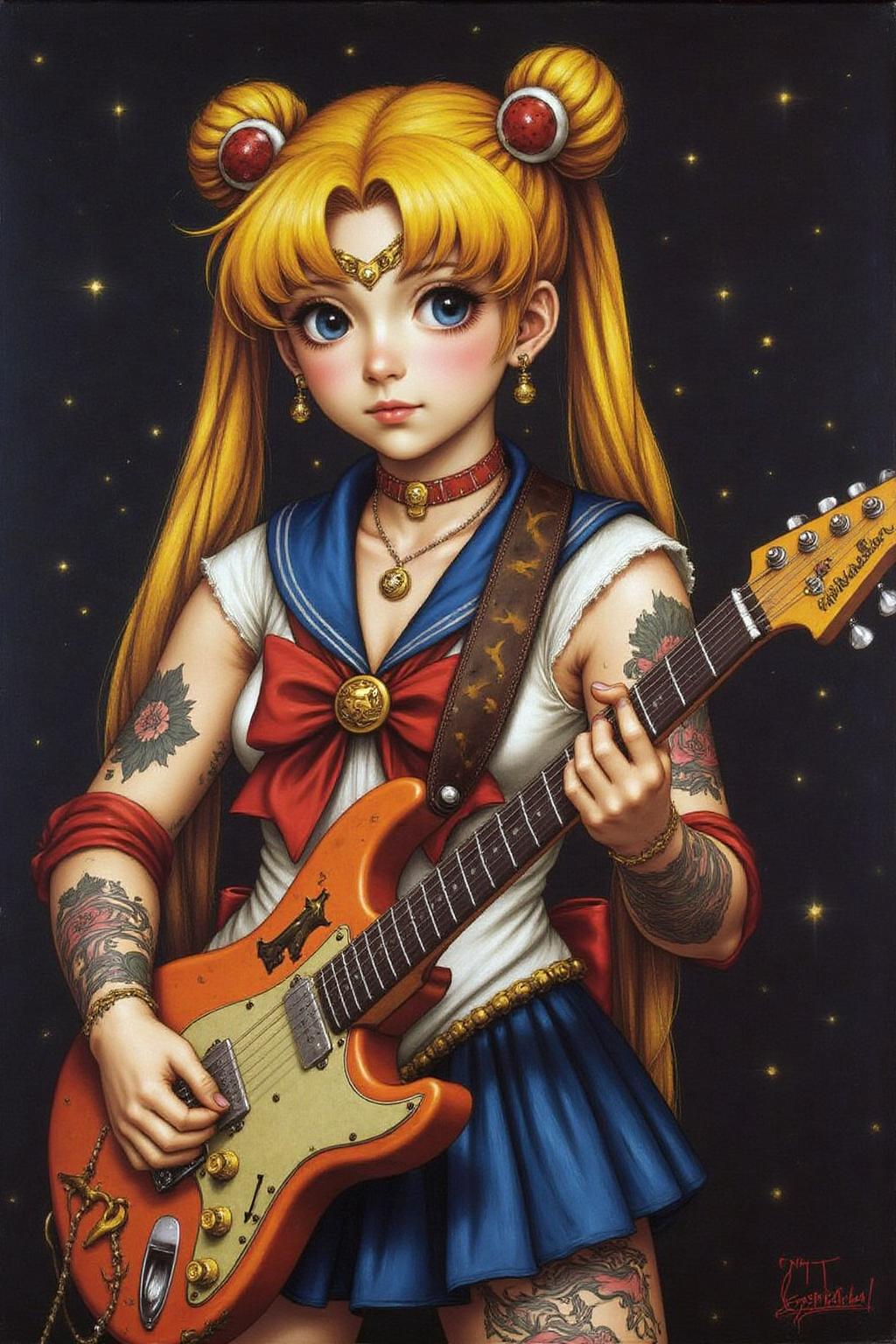 hansho1 painting of punk sailor moon playing a guitar at a heavy metal mosh pit, tattoos, piercing. <lora:hansho1_cap_d6a3e12:1.0><lora:816881008793222879:0>