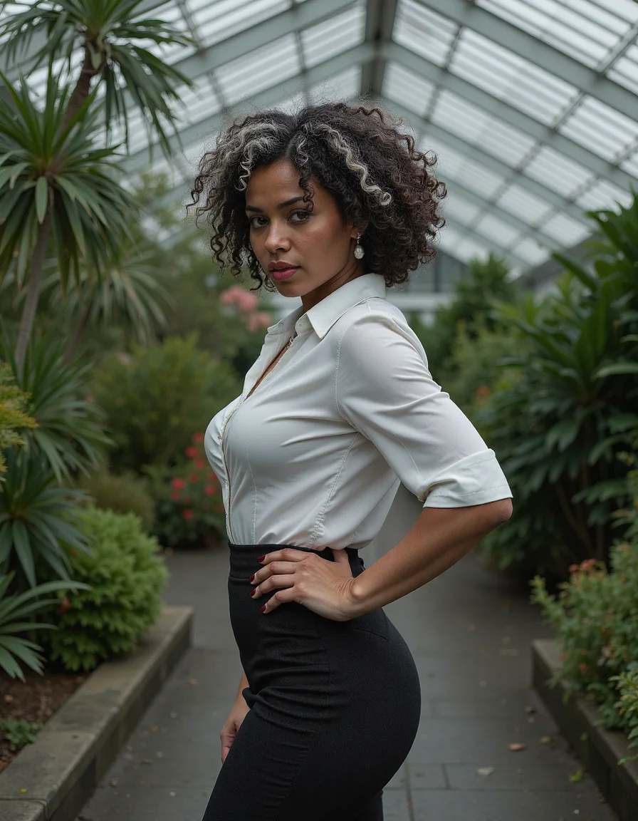 sexy pose,a angry woman,Afro Hair,Silver hair,dressed in a fitted pencil skirt with a tucked-in blouse and pearls,shot from behind,a city botanical conservatory,(masterpiece best quality ultra-detailed best shadow amazing realistic picture),Kodak UltraMax 400,Moonlit