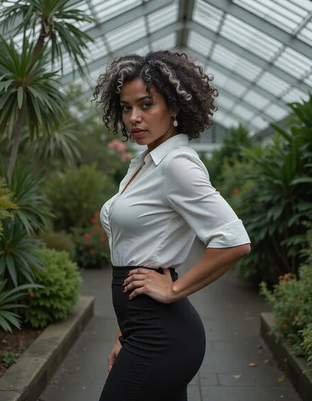sexy pose,a angry woman,Afro Hair,Silver hair,dressed in a fitted pencil skirt with a tucked-in blouse and pearls,shot from behind,a city botanical conservatory,(masterpiece best quality ultra-detailed best shadow amazing realistic picture),Kodak UltraMax 400,Moonlit