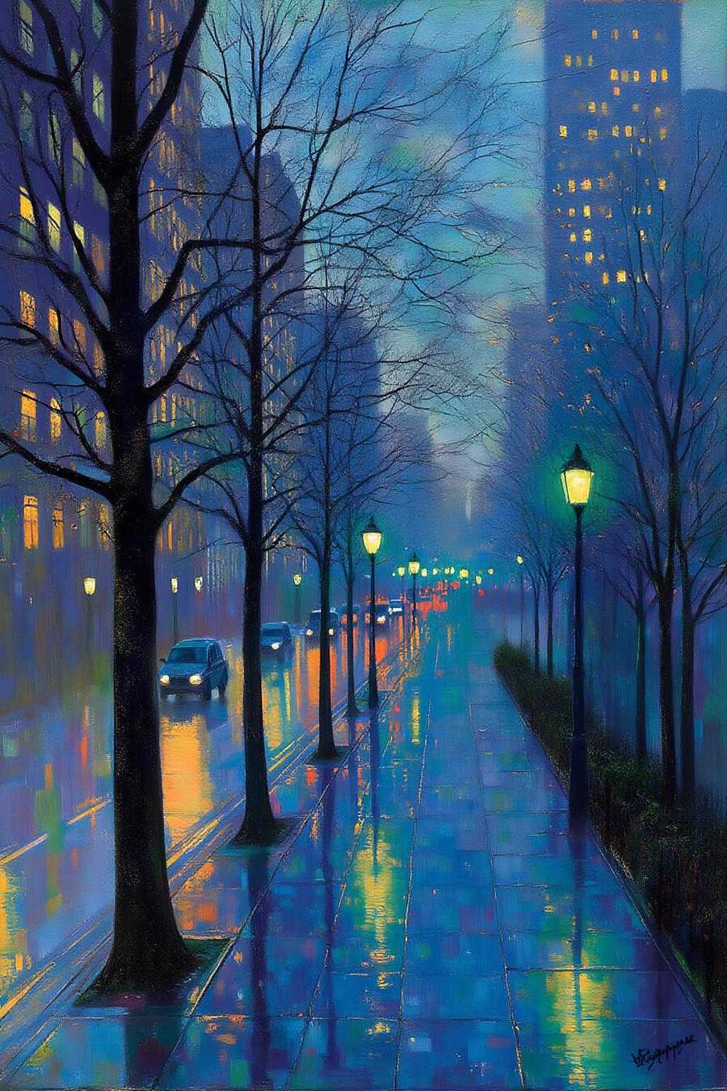 kaoruyamada1 painting.
A serene urban scene at night, with a wet street reflecting the city lights. Tall buildings line both sides of the street, and their windows glow warmly. Street lamps cast a soft, yellow light. Bare trees with intricate branches are scattered along the sidewalk on the right, their silhouettes stark against the colorful reflections on the wet pavement. The sky is a gradient of blues. Cars are running along the wet street with headlights on. <lora:kaoruyamada1_f16e9:1.0><lora:868872009877061955:0>
