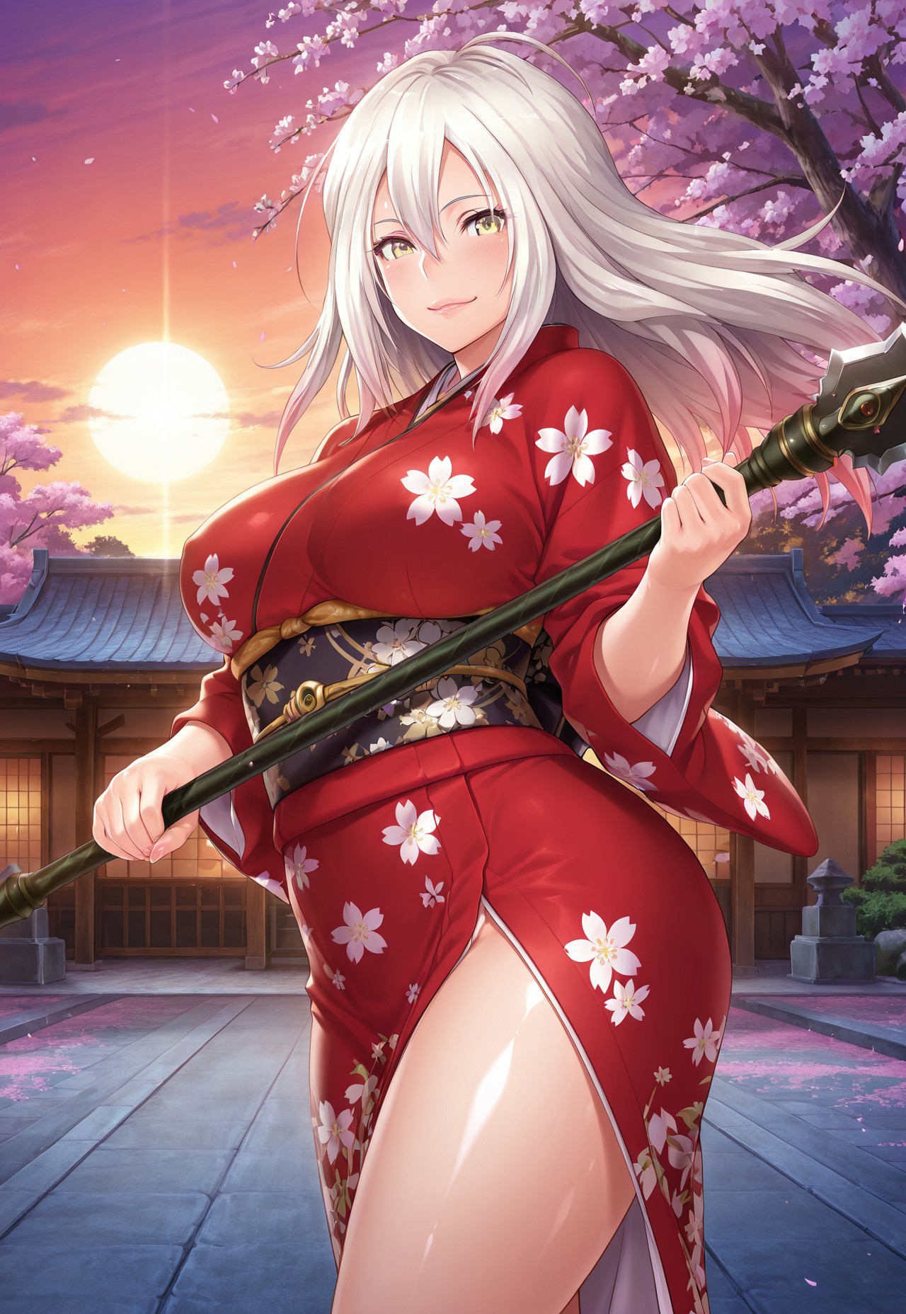 safe_pos, Official art, source_anime, masterpiece, good quality, shadow, backlighting, best quality, ultra-detailed, best quality face, ultra-detailed face, face focus, best face, best illustration, high quality, absurdres, detailed background, very aesthetic, highly detailed, highres, high quality, best quality, cowboy shot, cinematic, epic, below view 
Break,
looking at viewer, from side, smile, holding weapon, polearm, spear, double-handed, standing, sexy pose, outdoor, dusk, dawn, japanese garden, cherry blossoms, 
Break,
1girl, solo, alone, female focus, Sanada Homura, long hair, white hair, gradient hair, v bangs, hair between eyes, gold eyes, lips, large breasts, curvy, wide hips, shiny skin, japanese clothes, floral kimono, skintight,