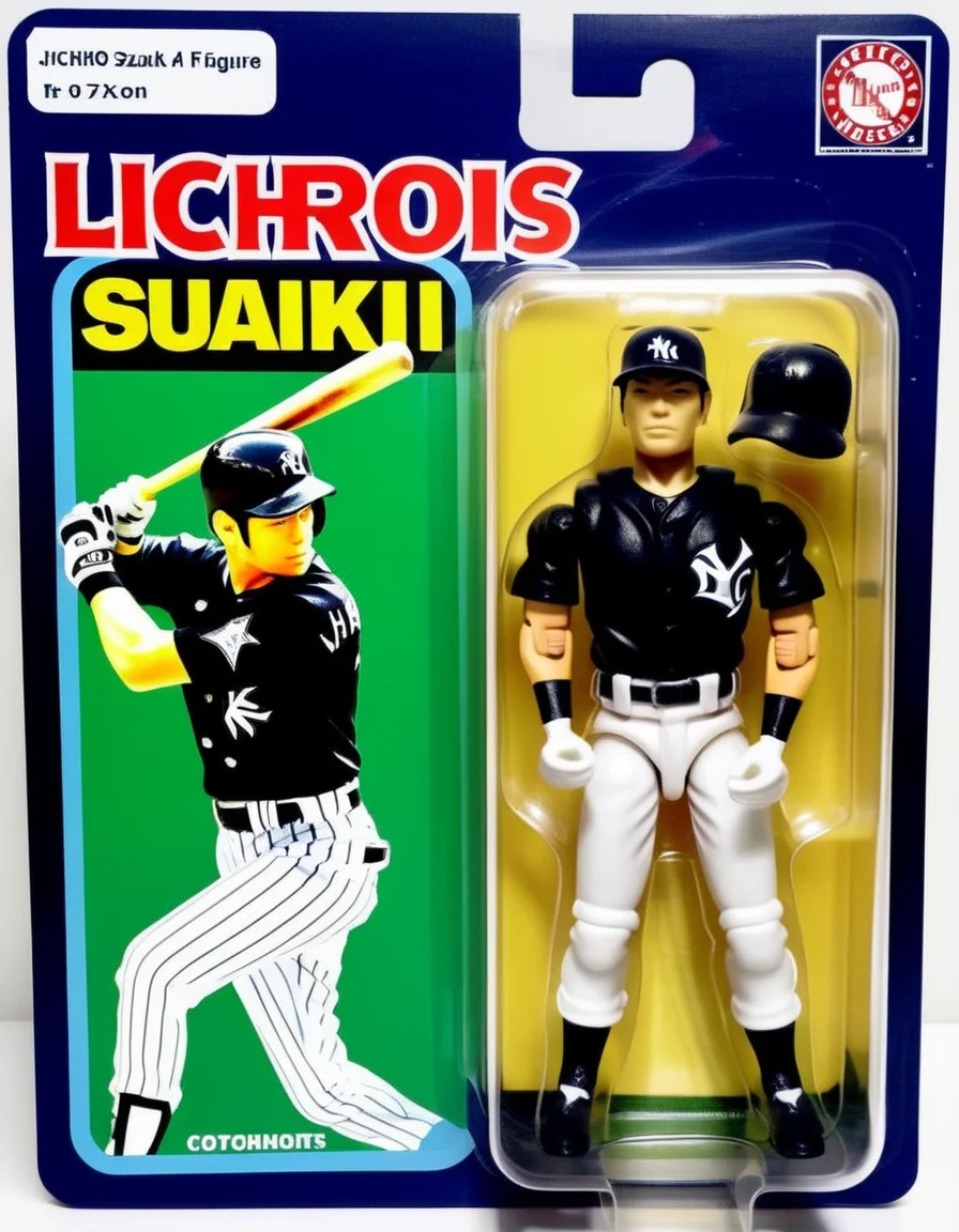An action figure of Ichiro Suzuki in a plastic box, resembling a photograph. The figure is in a batting pose, wearing his MLB uniform. The packaging displays Ichiro's dynamic in-game moments and his signature batting stance,<lora:gonza_v2:0.7>