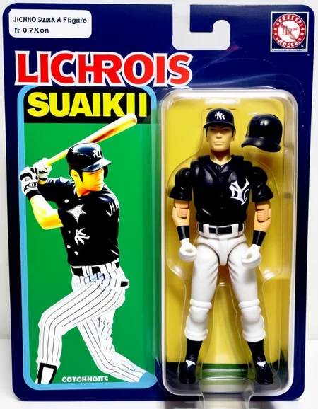 An action figure of Ichiro Suzuki in a plastic box, resembling a photograph. The figure is in a batting pose, wearing his MLB uniform. The packaging displays Ichiro's dynamic in-game moments and his signature batting stance,<lora:gonza_v2:0.7>