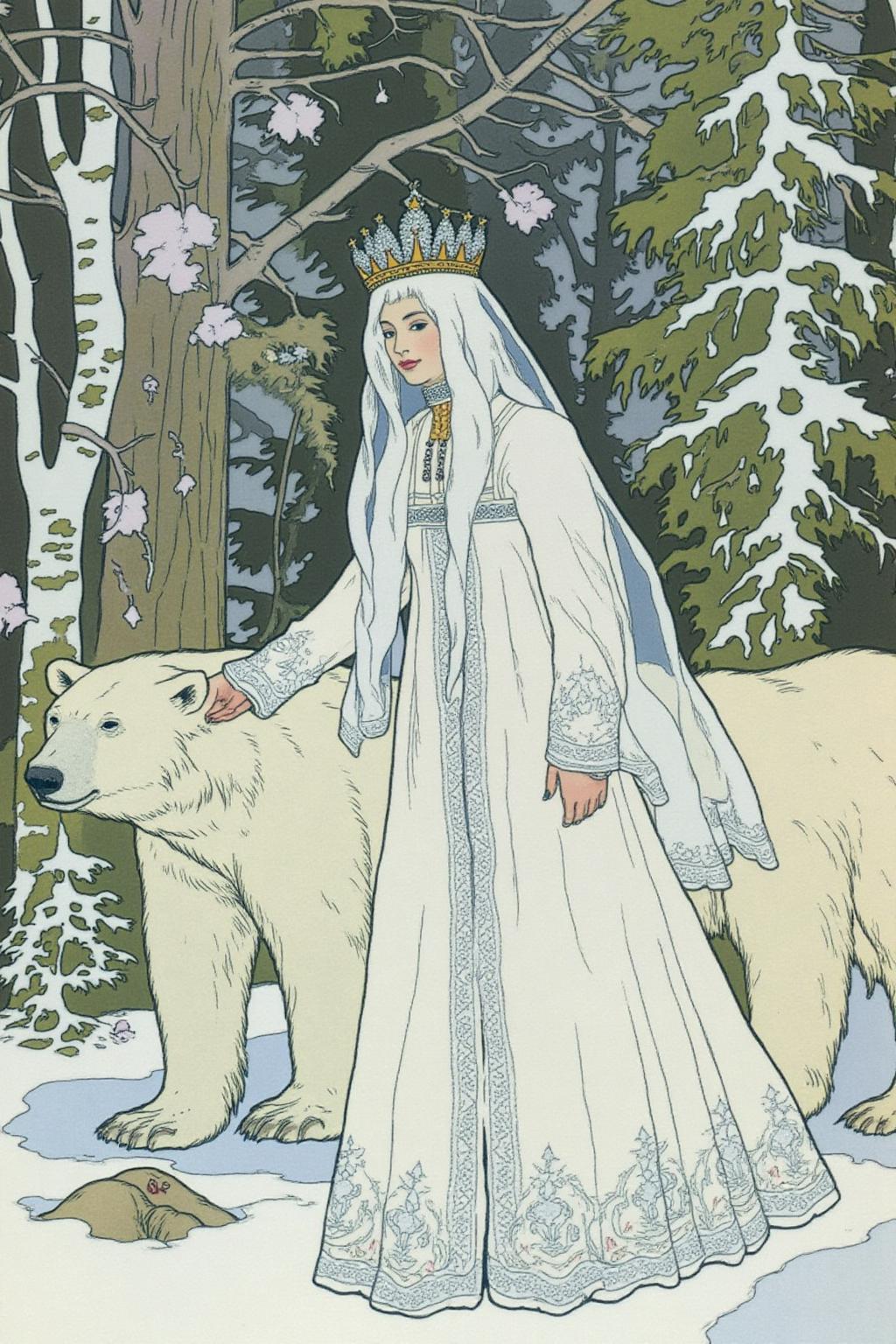ivanbilibin1 illustration.
dulac1. 
A Snow Queen with an ethereal appearance. She is dressed in a flowing, long white gown that seems to shimmer, possibly made of a translucent fabric or lace, giving it a delicate, ethereal quality. Her hair and face are obscured by a delicate, sheer veil that extends to the ground, adding to her otherworldly aura.
There are two polar bears walking alonside her.
  <lora:ivanbilibin1_cap_d6a3:1.0><lora:835915247287028267:0>