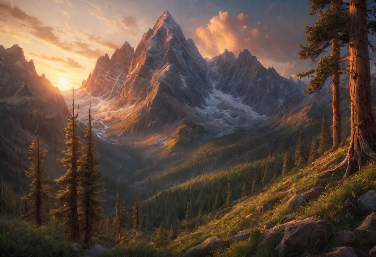 view of the high mountains from the forest, sunset, detailed, realistic, hdr, marc adamus, trending on artstation, sharp focus, studio photo, intricate details, highly detailed, by greg rutkowski