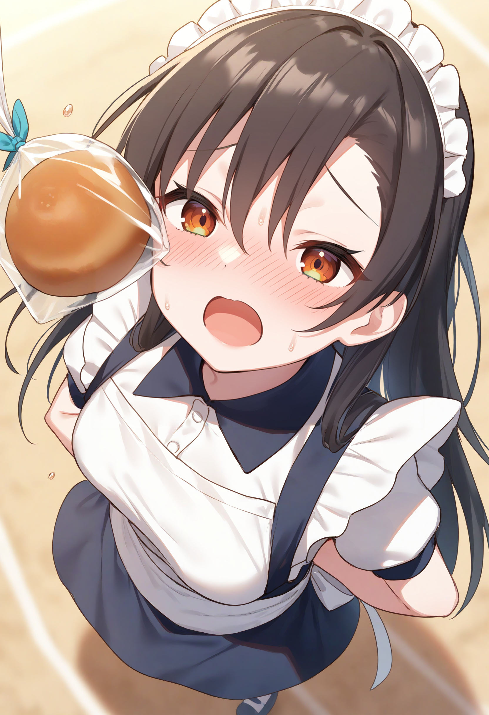 1girl,sincos, ningen mame, toosaka asagi,solo,medium breasts,20yo,maid,maid headdress,
bread eating race,sports festival,bread,arms behind back,<lora:breadeatingrace_XL_v1:0.8>
open mouth, bouncing breasts, plastic bag,
from above, fisheye lens, looking up, silver hair, brown eyes,full face blush, open mouth, hime cut hair,,
best quality, very aesthetic, absurdres