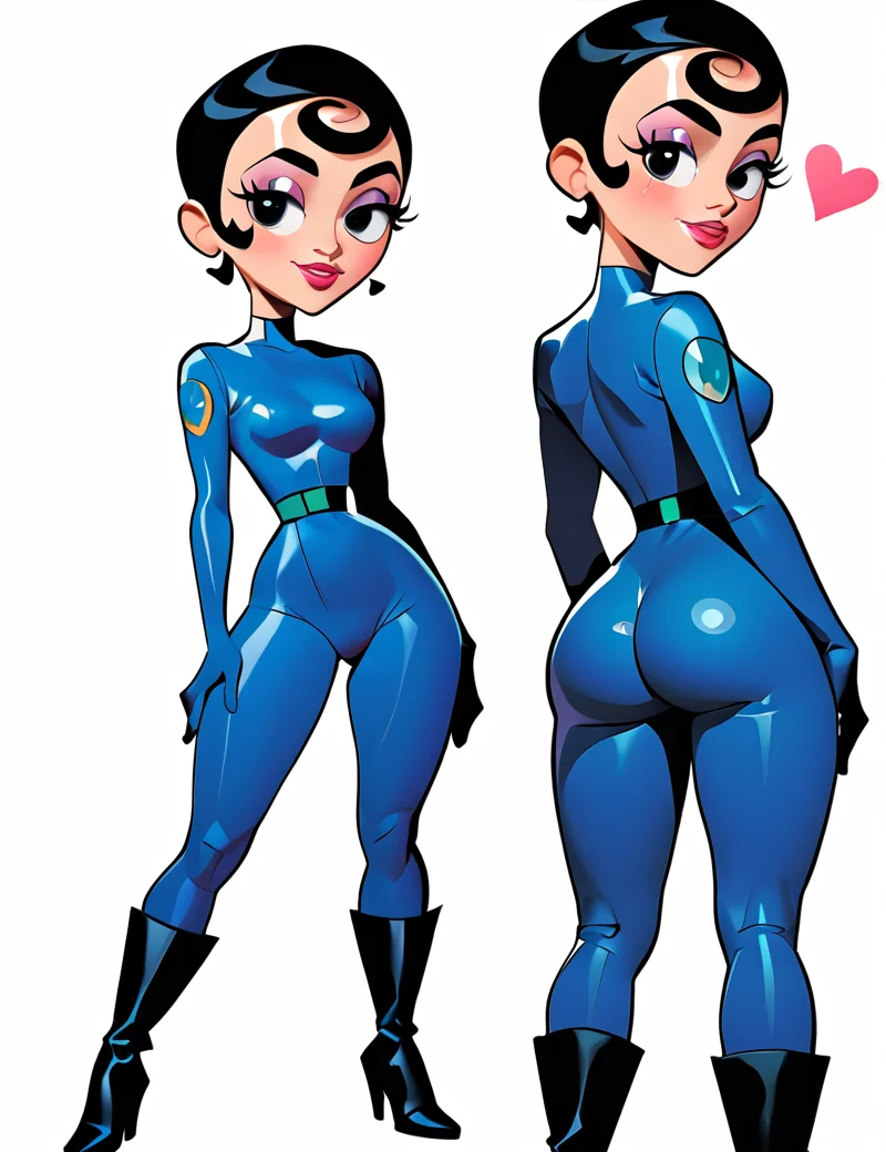 score_9, score_8_up, score_7_up,looking over one shoulder,headshot <lora:Agent_Honeydew_Pony:.85>, honeydew, agent_honeydew, 1girl, black hair, solo, lipstick, black eyes, short hair, heart shaped head, heart shaped face, blue body suit, full blue body suit, full body, thigh thighs, highly detailed face,  looking at viewer , cof-location/place/arcane- laboratory, , dark navy high boots, RandomPoses