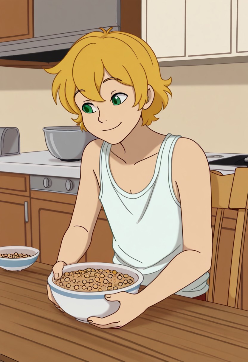 1n0s3n,
1boy, femboy, blonde hair, short hair, green eyes, flat chest, loose white tanktop, seated, wood chair, wood table, kitchen, indoors, bowl, cereal, smile