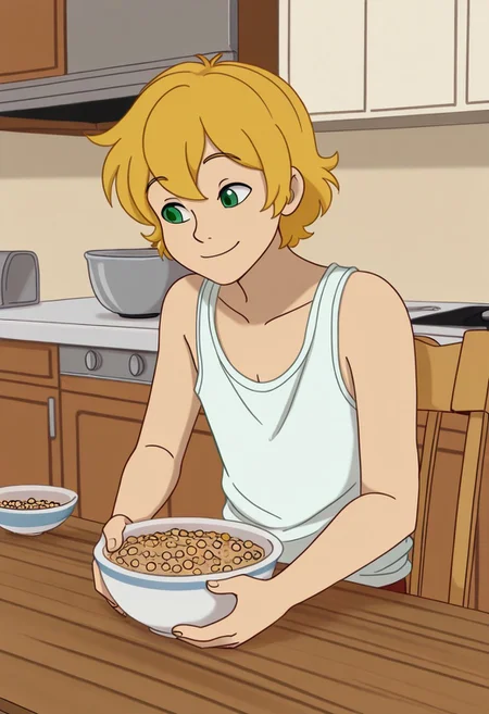 1n0s3n,
1boy, femboy, blonde hair, short hair, green eyes, flat chest, loose white tanktop, seated, wood chair, wood table, kitchen, indoors, bowl, cereal, smile