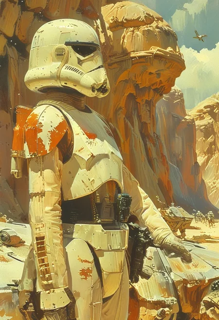 in the style of Ralph McQuarrie, 8k high quality digital painting, masterpiece, very detailed, ultra realistic, (best quality) very detailed epic masterpiece, detailed face, fantasy, princess Leia wearing a white robe,riding a dinosaur, on the Star Wars franchise planet of Tatooine colourful scene, full body, realistic, realism, JuggernautNegative, great lighting, NEG-fixl-2