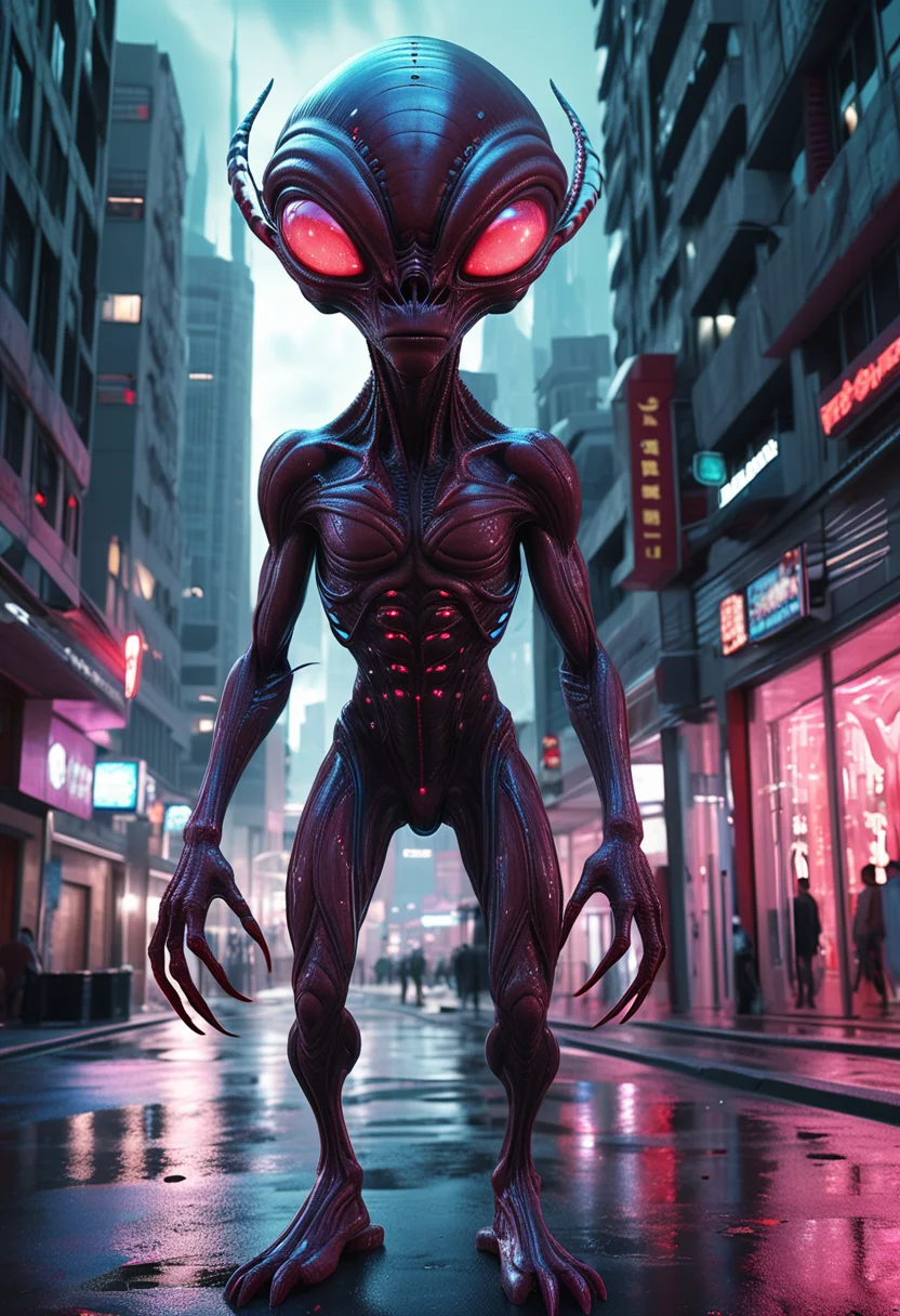 (medium full shot) of (mesmerizing alien) with deep crimson rubbery skin, bioluminescent patterns, gelatinous body, compound heterochromia eyes, bioluminescent antennae, insect-like legs, spines along back, set in a utopian futuristic city, with sleek architecture, clean streets, a sense of harmony, during an alien storm, ,Masterpiece,best quality, raw photo, realistic, very aesthetic