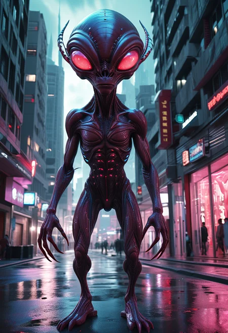 (medium full shot) of (mesmerizing alien) with deep crimson rubbery skin, bioluminescent patterns, gelatinous body, compound heterochromia eyes, bioluminescent antennae, insect-like legs, spines along back, set in a utopian futuristic city, with sleek architecture, clean streets, a sense of harmony, during an alien storm, ,Masterpiece,best quality, raw photo, realistic, very aesthetic