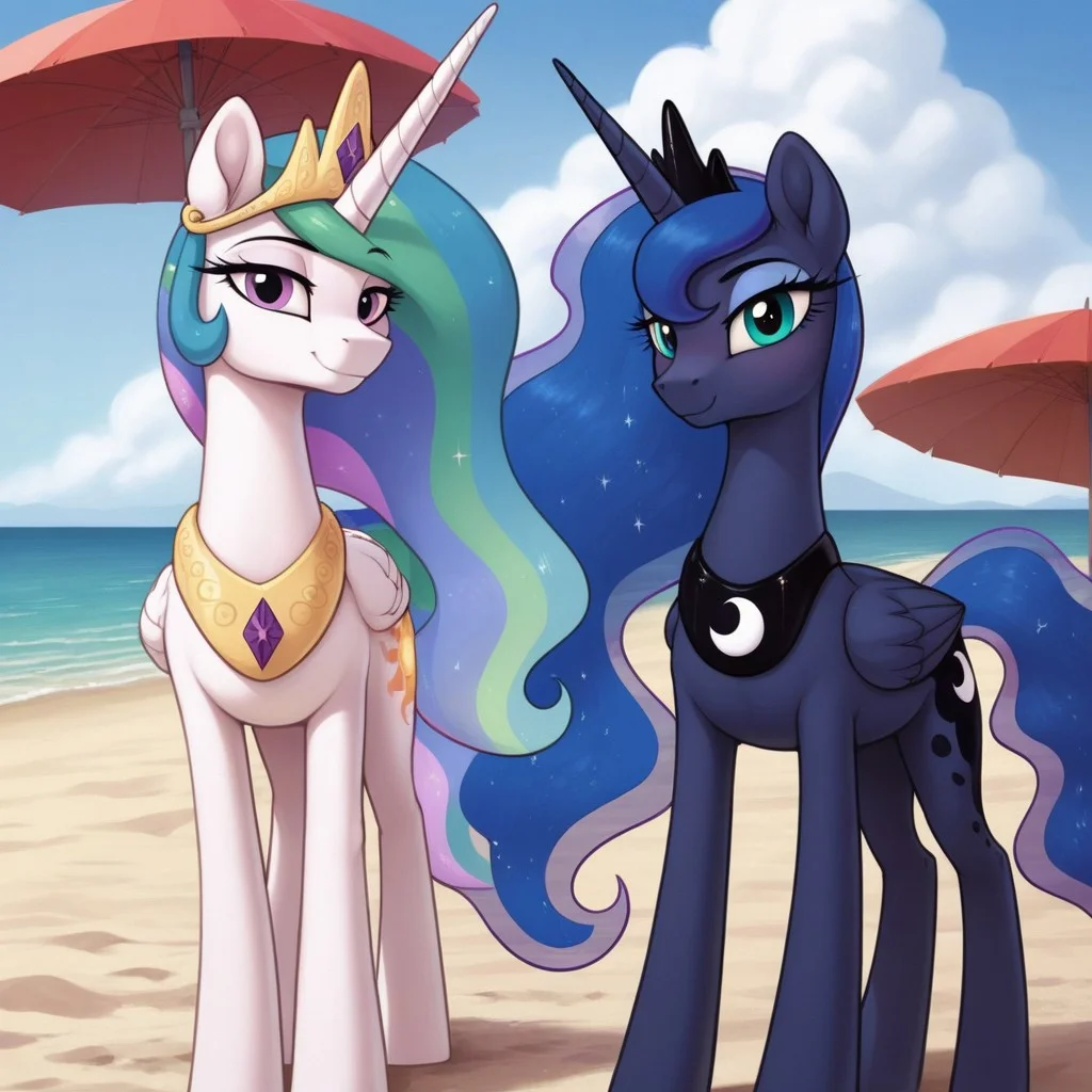 score_9, score_8_up, score_7_up, score_6_up, pony, alicorn, feral, mare, duo, (princess luna), princess celestia, no breasts, beach, outdoors, beach umbrella, tail, photo_realistic, anatomically correct, looking at you, standing,