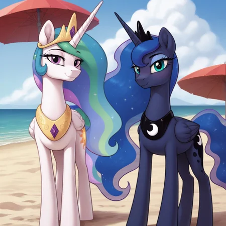 score_9, score_8_up, score_7_up, score_6_up, pony, alicorn, feral, mare, duo, (princess luna), princess celestia, no breasts, beach, outdoors, beach umbrella, tail, photo_realistic, anatomically correct, looking at you, standing,