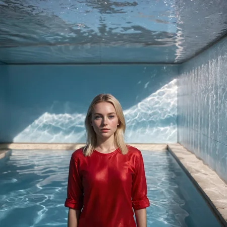 RAW photo, interior photo, full body shot from the front of a beautiful blonde woman wearing a red shirt, she visits an art installation of a swimming pool with caustics, full sharp, detailed face, visible feet, blue eyes, (high detailed skin:1.2), 8k uhd, dslr, soft lighting, high quality, film grain, Fujifilm XT <lora:polyhedron_caustics-000006:0.8>
focus on eyes, spotted light on her face, face towards sun, light on face, sun on face, backlit, rim light, focus on eyes, clear eyes, shiny eyes, glittering eyes, light reflections in his eyes, winter white skin, pale skin, dry skin, clear skin, oiled shiny skin, blush, flushed cheeks, visible skin detail, skin pores, imperfect skin, skin blemish, few freckles, skin fuzz, beauty spot, moles <lora:polyhedron_all_sdxl-000004:0.1>
((background is an old fisher town))