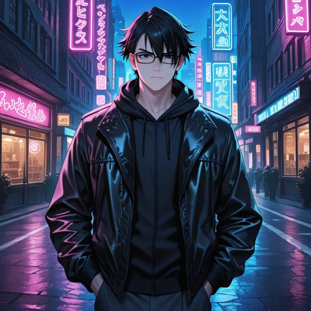 masterpiece, best quality, amazing quality, absurdres, newest, detailed background, definition so sharp, Ultra-HD, 8K cinematic, very awa, impressionate, amazing quality, highres,
solo, male focus, manly,
saruhikofushimi, saruhiko_black hair, saruhiko_black eyes, 1boy, short hair, glasses, stylish jacket, standing, hands in pockets, city street, night, neon lights, cool colors, confident, stylish, slightly intimidating, charming