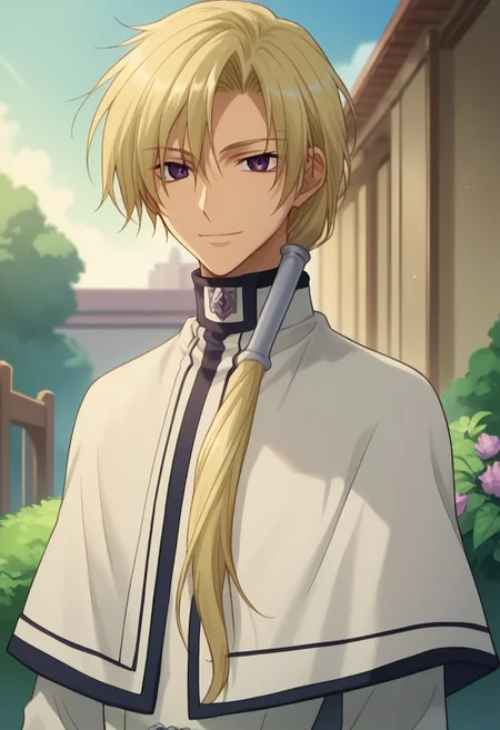 score_9, score_8_up, score_7_up, source_anime, highly detailed,
hakuren, solo, 1boy, male focus, blonde hair, purple eyes, looking at viewer, long hair, long hair, ponytail, hair tubes, robe, white robe, capelet, upper body, smile,
outdoor, garden, sky,
