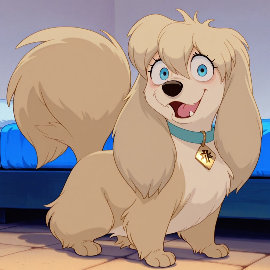 peg, female, dog, disney, blonde fur, long ears, light blonde belly, blue eyes, no eyeshadow, no bangs, hair tuft, housedog peg, blue collar with gold diamond-shaped tag, large eyes BREAK score_9, score_8, score_7, no humans, (((full body))), standing, solo, female, feral, hight definition, hyper detailed, best quality, amazing quality, 1girl, cute, cute smile, cute pose, 8k, masterpiece, looking at viewer BREAK sitting, happy, friendly, adorable, expressive eyes, sweet, smiling, open mouth, open eyes, indoors, on bed, (((soft colors))), (((bright colors))), (((bright background))), (((carpeted floor)))
outside, (((no shadows))), (((light background))), smug, flirty, playful, (((no walls)))