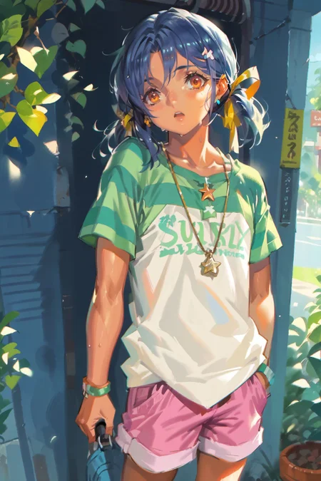 score_9, score_8_up, score_7_up, score_6_up, source_anime, alphonsestyle, line art,
<lora:sunohara-mei-xl:0.7> sunohara mei, green striped shoulder t-shirt, pink shorts, blue hair, orange eyes,
<lora:Anime Summer Days Style SDXL_LoRA_Pony Diffusion V6 XL:0.5>