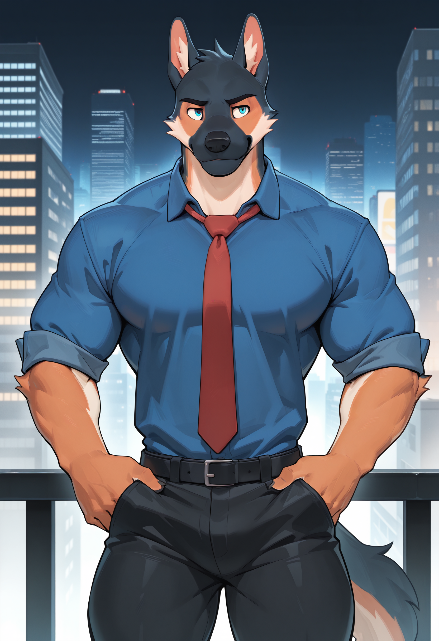 best quality, newest, absurdres, highres, (masterwork, masterpiece, best quality, hyper-detailed :1.3), anthro only, furry only,

1boy, solo,

 barlitz, dog boy, blue shirt, black pants, red tie, 

city, background, 

