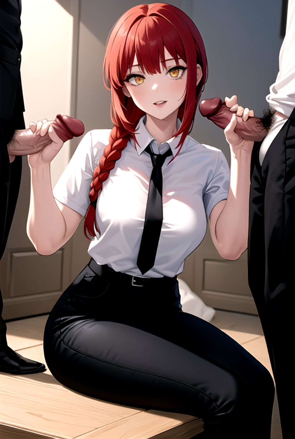 best quality, masterpiece, 1girl, double handjob, 2boys, penis,  makima \(chainsaw man\), red hair, long braided hair, golden eyes, bangs, medium breasts, white shirt, necktie, black pants, sitting
