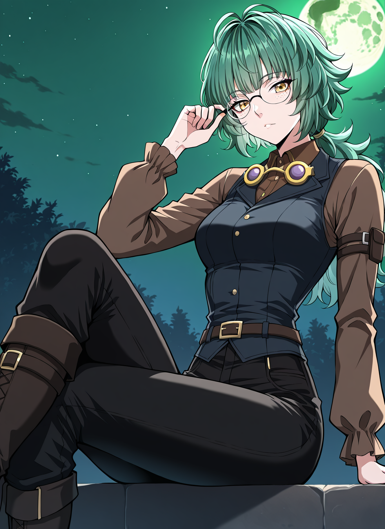 <lora:Emily_Watsken__The_Beginning_After_the_End__Illustrious:1>
1 girl, solo, yellow eyes, green hair, ahoge, low ponytail, bangs, long hair, messy hair, freckles, black pants, knee boots, brown shirt, long sleeves, collared shirt, glasses, round eyewear, belt, 
(Anime_source),Masterpiece,(perfect female body:1.2), small waist,(incredibly detailed:1.4), slim, parted lips, looking at viewer, sitting, crossed legs, night, green moon, greenish sky,