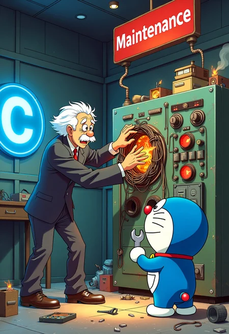 Art Style: Studio Ghibli anime style, Watercolor backgrounds, dreamlike wonder, spirited characters, imaginative fantasy worlds.
Description: In a chaotic high-tech lab, two iconic figures tackle a malfunctioning system. The room is cluttered with broken tools, tangled cables, and flashing warning lights. A blue "C" symbol is prominently displayed on a nearby wall.
Albert Einstein: In his classic suit, Einstein frantically adjusts a tangle of wires on a vintage control panel. His face reflects intense concentration and frustration, with sparks flying from the panel.
Doraemon: Relatively short, Doraemon stands nearby holding a wrench. He watches Einstein with a supportive smile, ready to help if needed.
Background: The scene includes broken tools scattered around, a large red "Maintenance" sign overhead, and small fires and smoke adding to the chaotic atmosphere.
