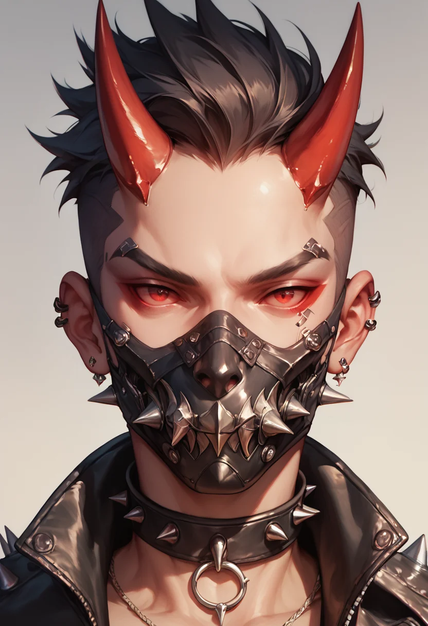 (score_9, score_8_up), score_7_up, looking at viewer, red eyes, 1boy, jewelry, jacket, horns, signature, collar, mask, spikes, colored sclera, mouth mask, very short hair, leather, spiked collar, leather jacket, cyberpunk
<lora:masky-000009:0.8>