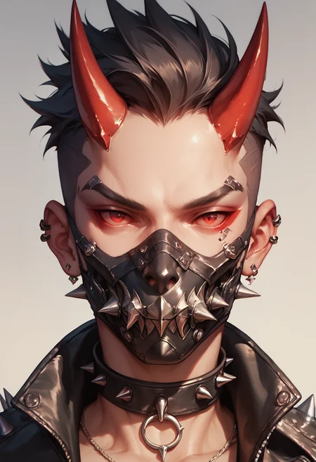 (score_9, score_8_up), score_7_up, looking at viewer, red eyes, 1boy, jewelry, jacket, horns, signature, collar, mask, spikes, colored sclera, mouth mask, very short hair, leather, spiked collar, leather jacket, cyberpunk
<lora:masky-000009:0.8>