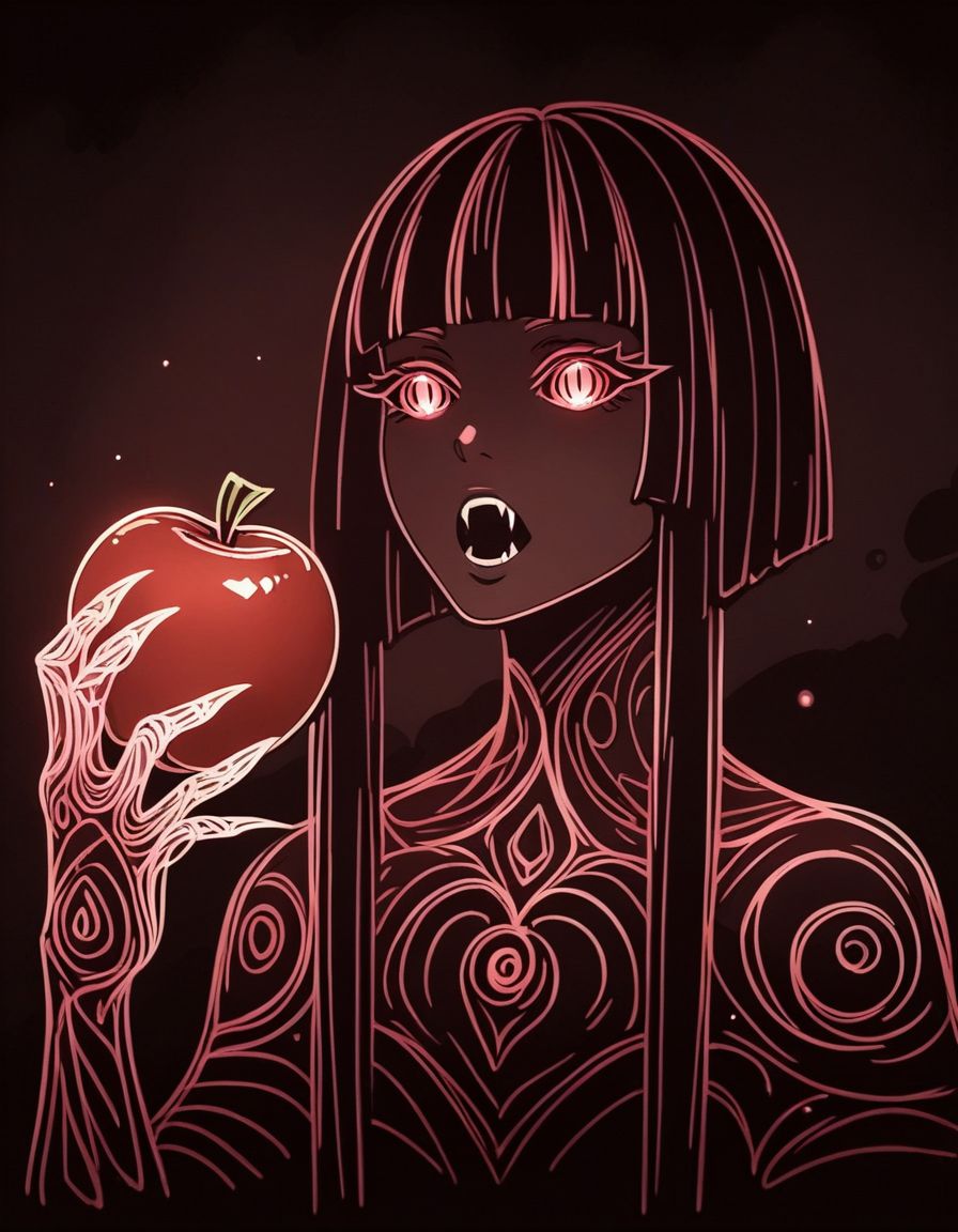rating_safe, score_9,score_8_up,score_7_up, <lora:Navi_LustStrokes_PonyXL_S1:0.8>, pink sketch, monochrome, black theme,  monster girl encyclopedia ,  close-up,  holding_apple, open mouth,  vampire,  blunt ends,  short hair with long locks,  inverted bob,