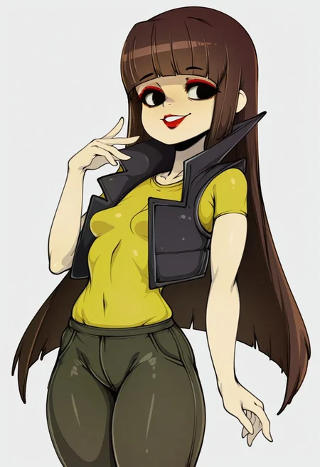 julie, 1girl, bangs, solo, blunt bangs, shirt, vest, lipstick, yellow shirt, black eyes, makeup, long hair, brown hair,pants, black hair, smile, cowboy shot,white background, slugbox ,looking at viewer,, masterpiece, best quality, amazing quality, very aesthetic, absurdres