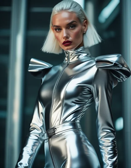 A dramatic shot of a tall woman in a futuristic silver metallic jumpsuit with exaggerated shoulders and a cinched waist. The high-fashion outfit is paired with thigh-high black boots, her platinum blonde hair slicked back, emphasizing the sharpness of her features. <lora:usual-portrait-v2:1>