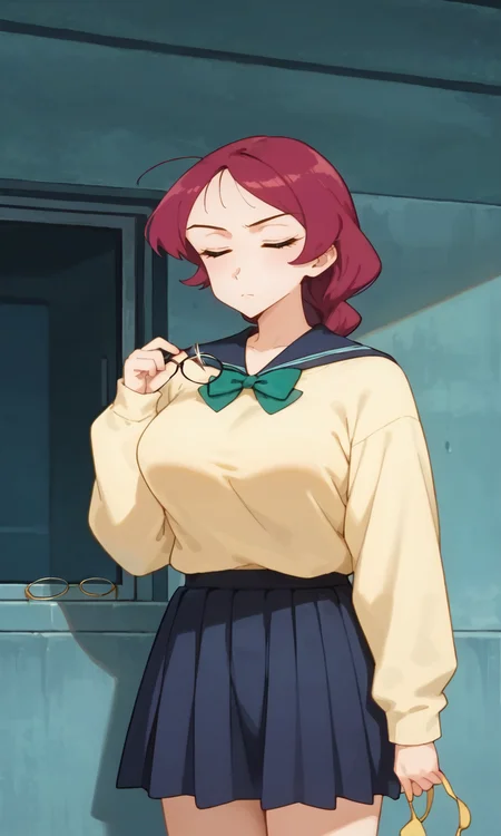 (1girl:1.5), (solo:1.3), (score_9, score_8_up, score_7_up, score_6_up, score_5_up, score_4_up), (source_anime), rating_questionable, (upper body:1.5), school, indoors, closed mouth, frown,
(yellow sweater, oversized clothes, long sleeves, blue sailor collar, green bowtie, blue skirt, pleated skirt, miniskirt, white socks, black footwear), (large breasts), <lora:kannazuki-sheila-school_v1:0.9> (kannazuki-sheila), (black eyes, eyelashes, magenta hair, long hair, single braids, parted bangs), (bob bangs, flipped hair, parody hair:1.4), (large breasts), (unworn eyewear, eyewear removed:1.5), closed eyes, hand up,