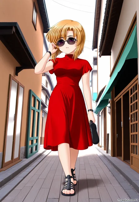 lazympos, ryukishi07, higurashi no naku koro ni, 1girl, whole body, walking, street, red dress, tucking hair, short hair, sunglasses, greeksandals, sandals, over ankle, black footwear, low angle