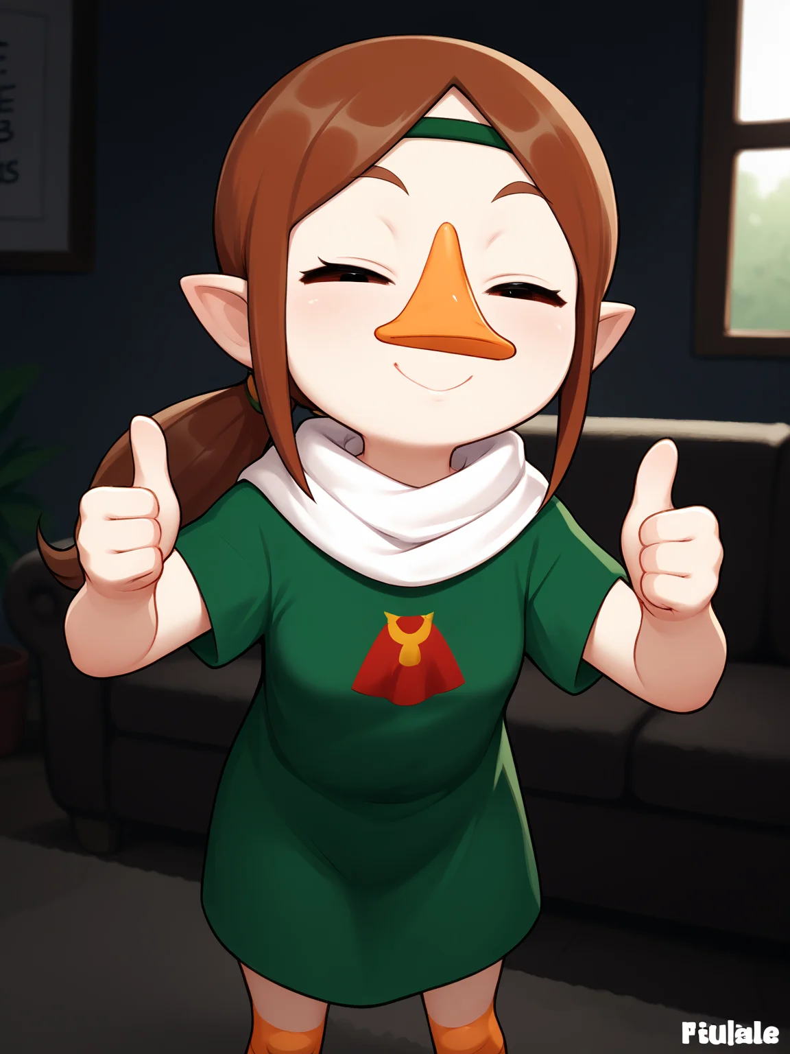 score_9, score_8_up, score_7_up, (approval, joyful ^_^ happy, , closed eyes, opened mouth, smile, thumbs up,, ), <lora:Medli:0.9>, brown hair, ponytail, beak, bird feet, young, small breasts, flat chest, looking at viewer, room, couch,
green tunic, red tunic, white scarf,