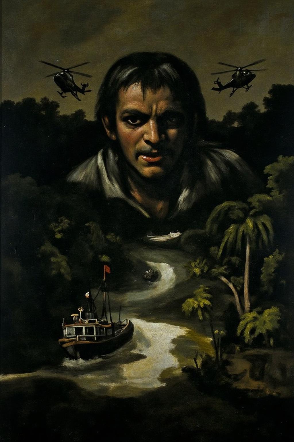 g0ya1 painting. 
A dramatic, surreal poster inspired by the film Apocalypse Now, featuring a large, ominous face blending into the background of a dark, eerie jungle. Helicopters fly in formation across the sky, while a riverboat sails through the misty waters below. The composition is intense and haunting, with an atmosphere of chaos and foreboding.   <lora:g0ya2_cap_d6a3e12:1.0><lora:823863895472192640:0>
