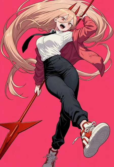 masterpiece, best quality, newest, absurdres, highres, anime, anime style, DPDV1.0, dynamic pose, polearm, holding polearm, holding weapon, weapon,
1girl, power \(chainsaw_man\), demon horns, long hair, blonde hair, very long hair, red horns, black necktie, horns, cross-shaped pupils, shirt,
spear, holding spear,