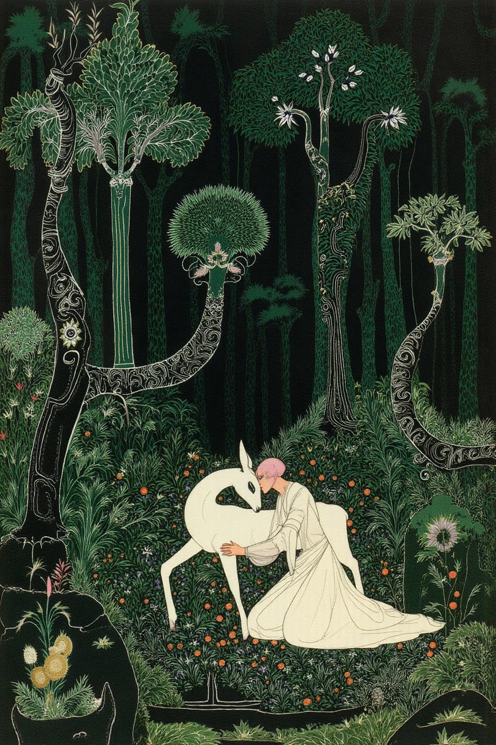 kaynielsen1 illustration
A forest night scene with a woman and a white deer. The woman is kneeling on the ground and kissing the head of the deer. Her hands are on the deer's neck. The background has tall, intricately designed trees and lush vegetation. <lora:kaynielsen1_d8a4e12:1.0><lora:865923274310192345:0>