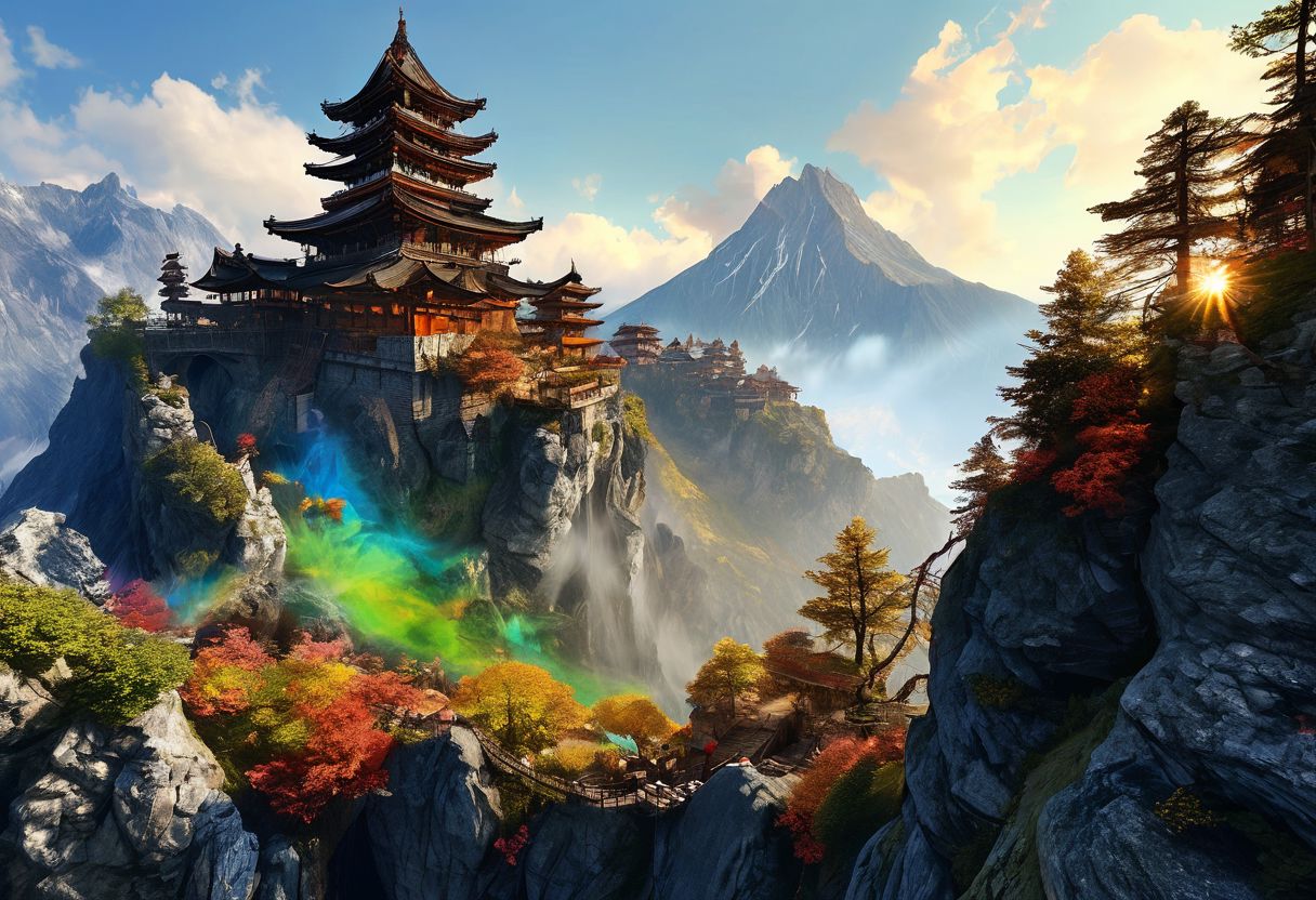 An establishing shot of a fantasy supertower dungeon with focus on an extremely detailed panoramic background view of a vast mountain range with towering backlit peaks, light reflecting through mist, and megastructures on the horizon. Intriguing stunning mysterious epic magical fantasy scene. Hyperrealistic, mixed media, ultra-detailed, ray-traced, award-winning, light leaks, lens flare, volumetric light scattering, subsurface scattering, implied motion, deep depth of field, colorful, complementary colors, color graded