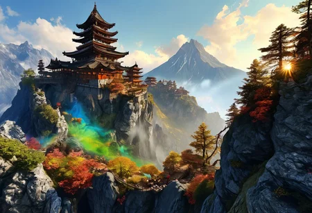 An establishing shot of a fantasy supertower dungeon with focus on an extremely detailed panoramic background view of a vast mountain range with towering backlit peaks, light reflecting through mist, and megastructures on the horizon. Intriguing stunning mysterious epic magical fantasy scene. Hyperrealistic, mixed media, ultra-detailed, ray-traced, award-winning, light leaks, lens flare, volumetric light scattering, subsurface scattering, implied motion, deep depth of field, colorful, complementary colors, color graded