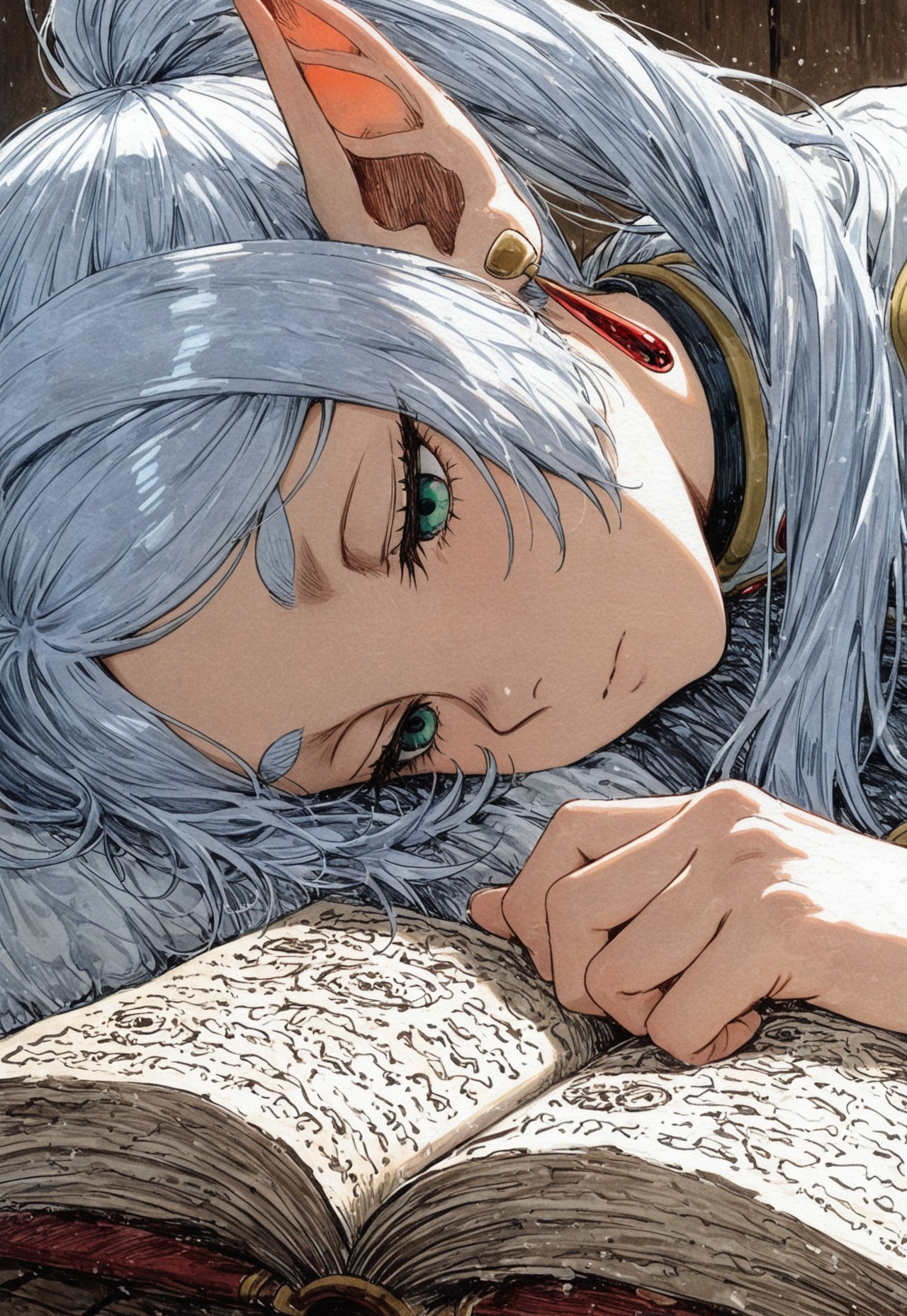 masterpiece, best quality, 
1boy, frieren, close up, looking at viewer, color sketch,
rough sketch, traditional media, linear hatching, reading, grimoire, sleeping