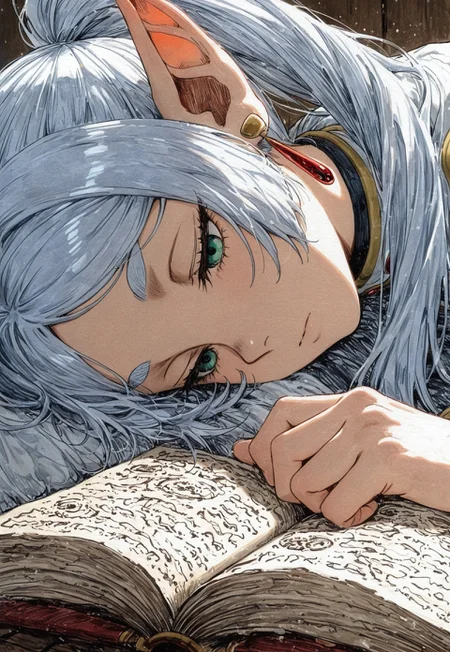 masterpiece, best quality,
1boy, frieren, close up, looking at viewer, color sketch,
rough sketch, traditional media, linear hatching, reading, grimoire, sleeping